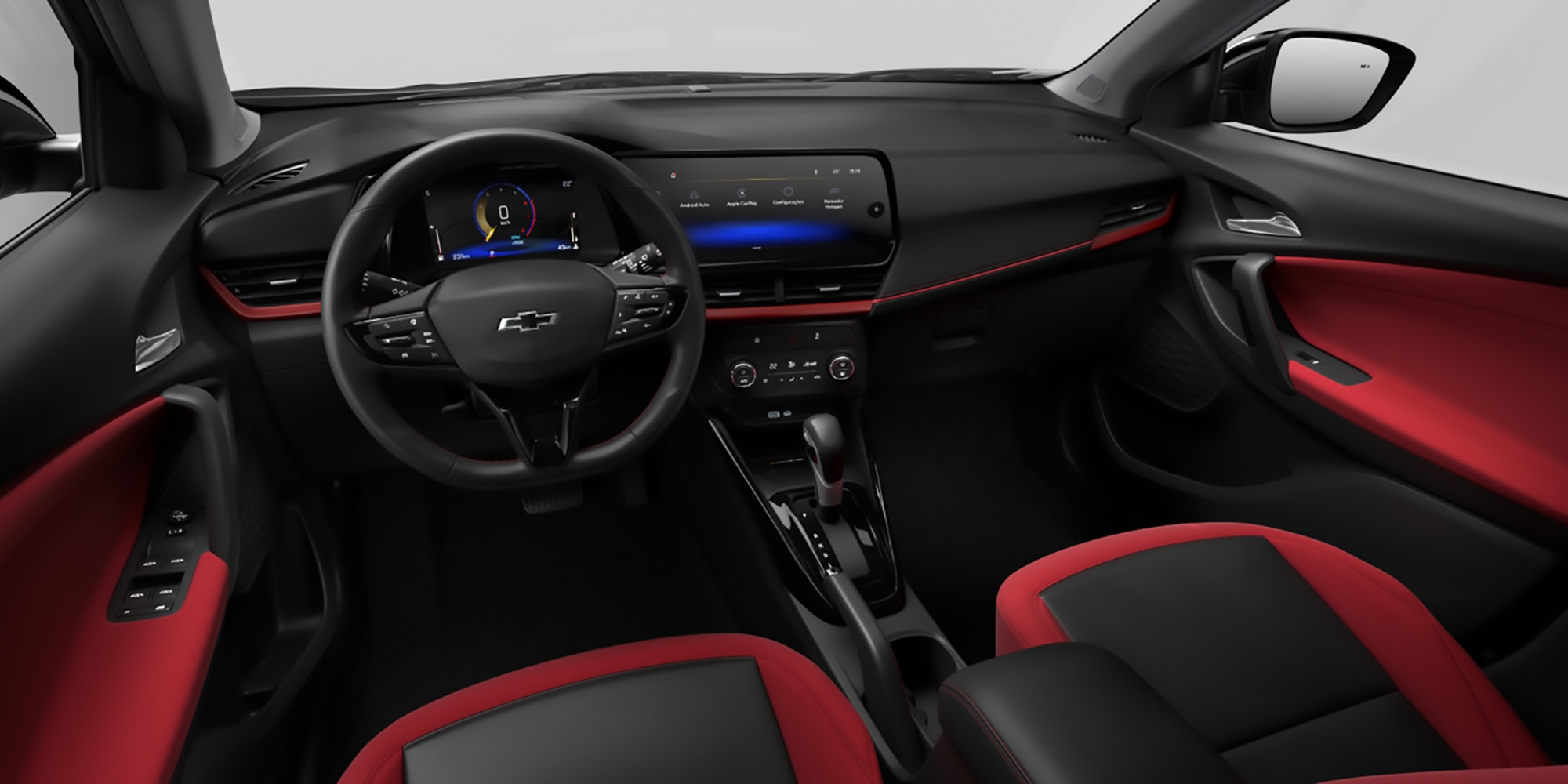 Interior rojo y negro, vista frontal, diseñado para el confort y placer de conducción.
